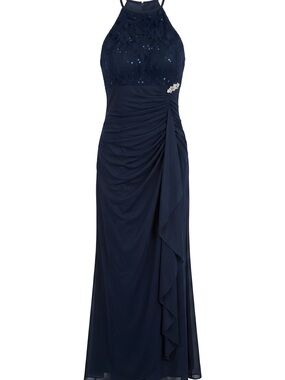 Betsy & Adam Midnight Blue Lace Prom Dress